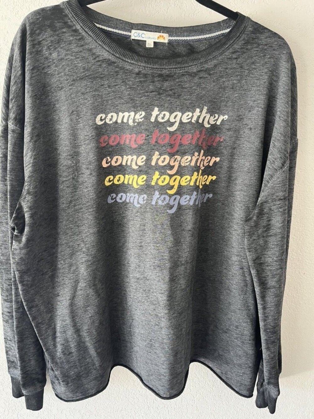 C&C graphic Come Together long sleeve gray tee shirt sz XL raw hem